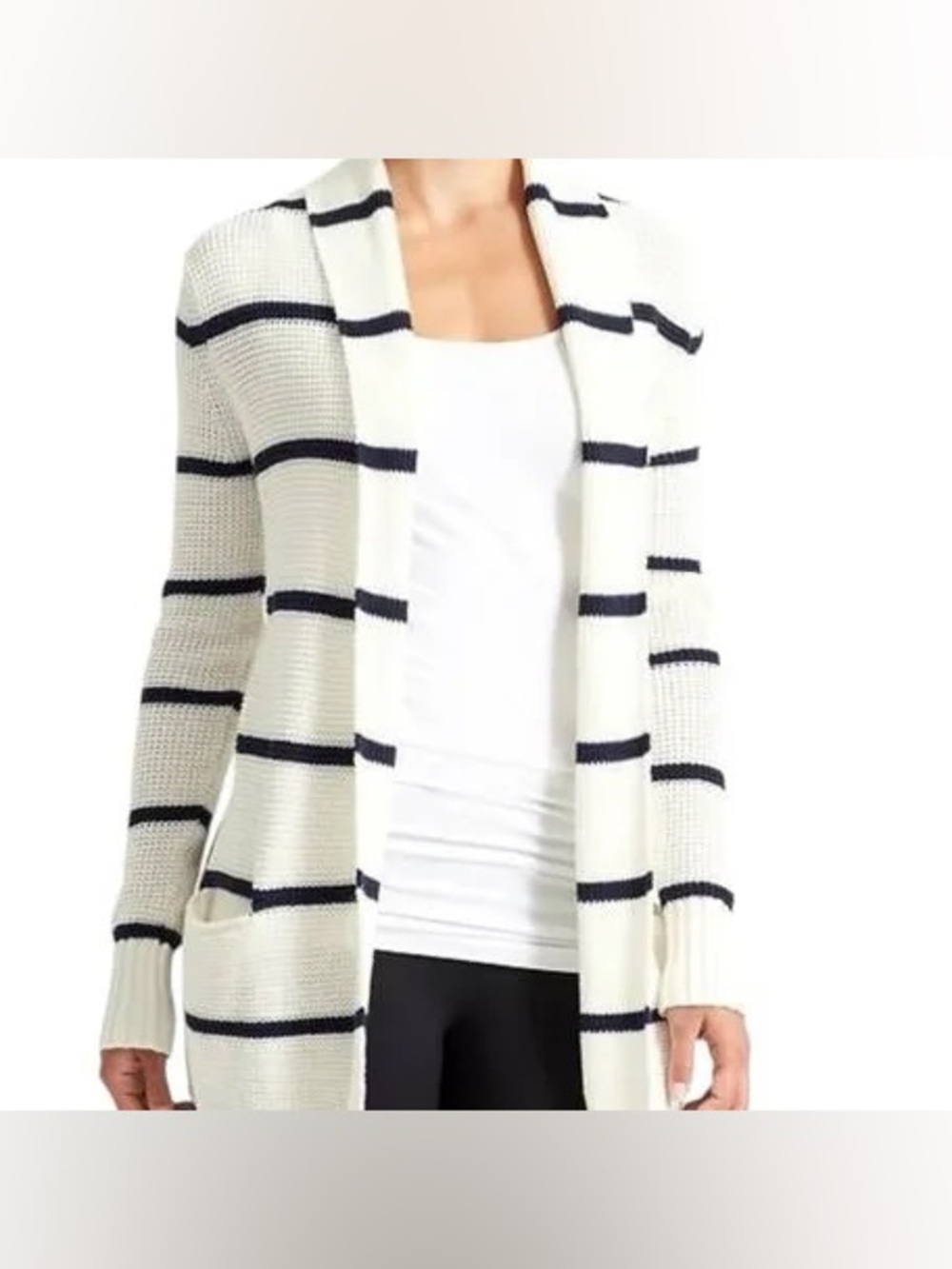 Athleta Highland Wrap Cardigan Sweater in white with navy blue stripes size M
